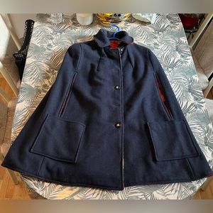 Wool reversible solid colour and plaid cape coat